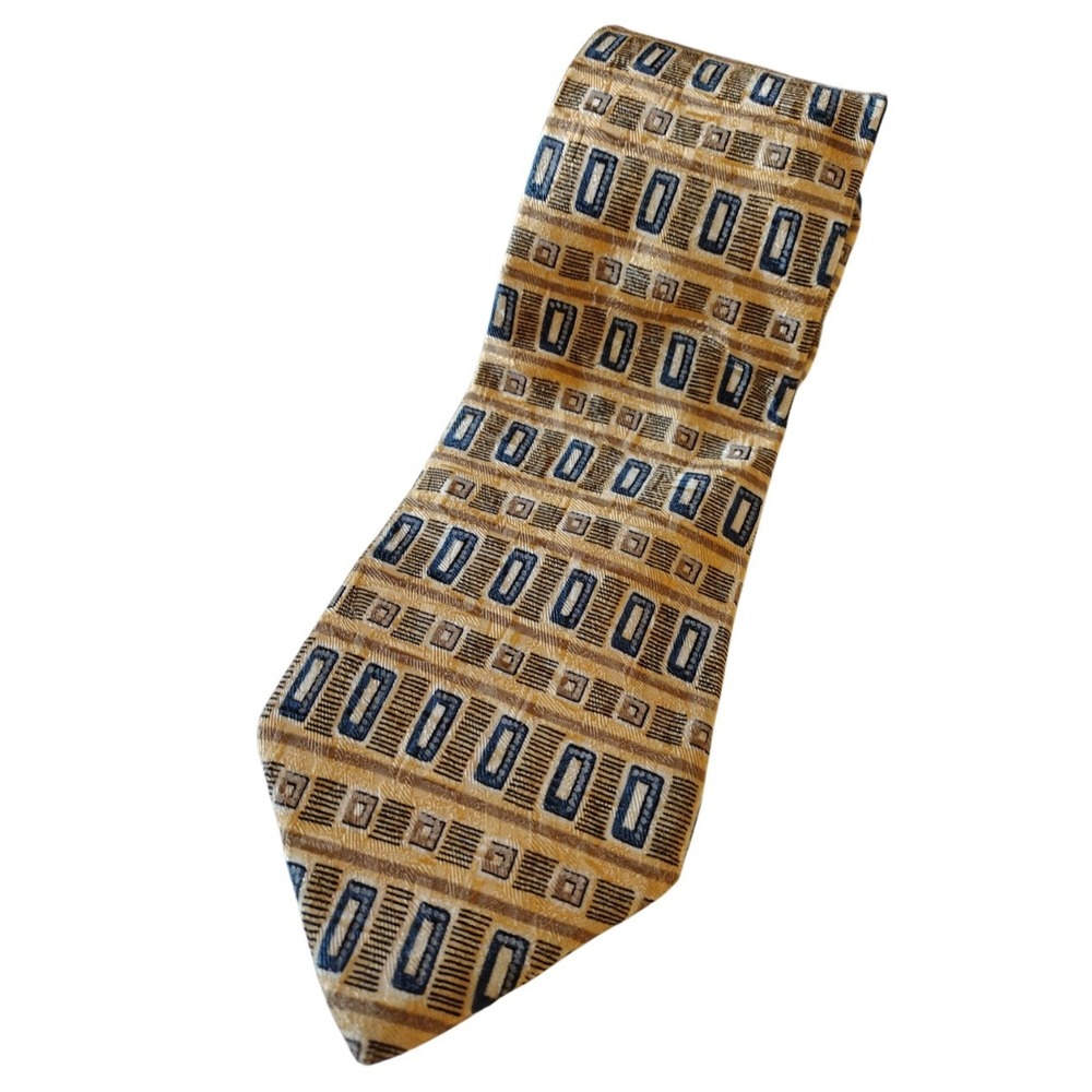 Lands End Neckware Tie Man's Gold Blue Geometric 100% Silk Hand Sewn